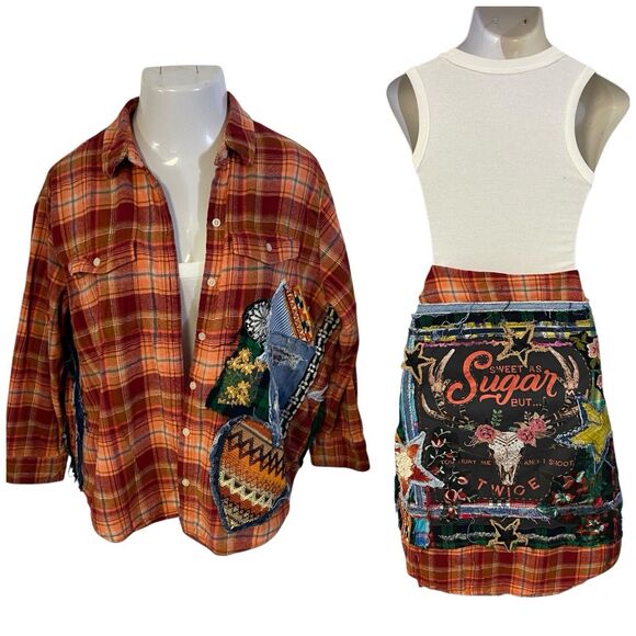 Upcycled Flannel Shirt Shacket Womens L Orange Grunge Patchwork Folk Art Skull - Picture 2 of 16